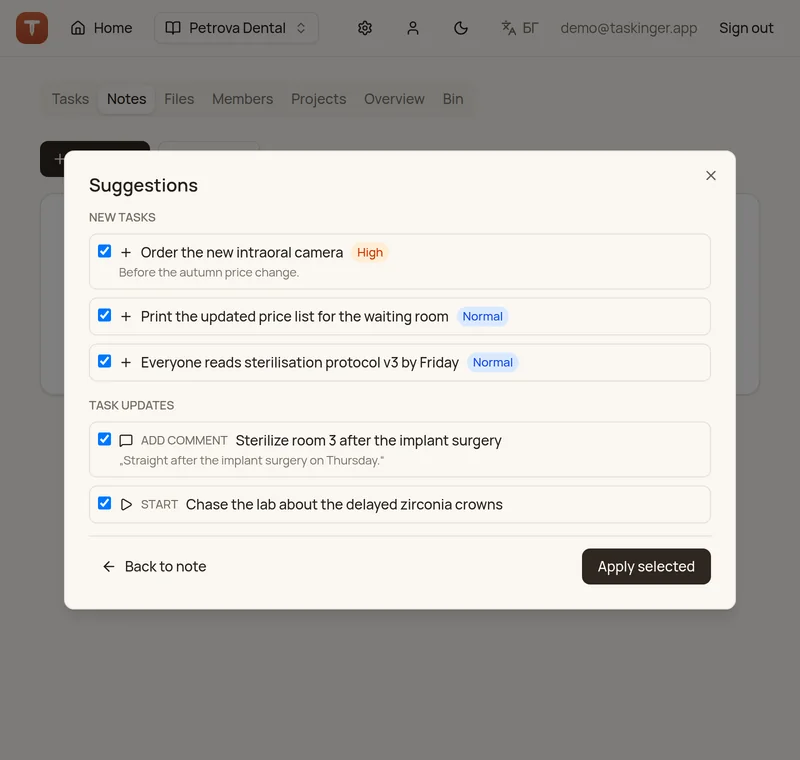 The suggestions panel after Analyze: three new tasks and two updates to existing tasks, each with a checkbox, and an Apply selected button