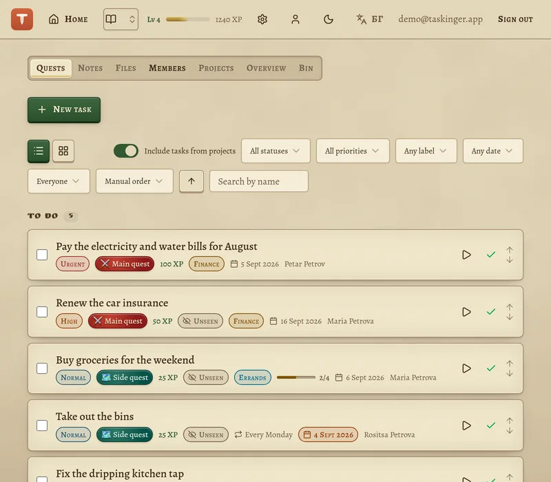 The family workbook in game mode: level 4 with an XP bar, and chores shown as main and side quests worth XP