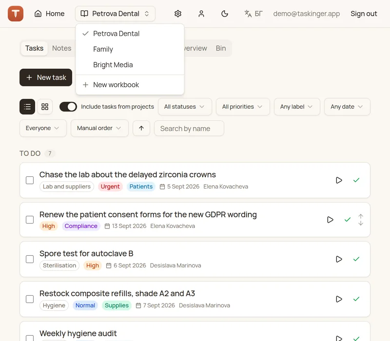 Taskinger with the workbook switcher open: Petrova Dental, Family and Bright Media in one account, and the clinic's task list underneath, with priorities, labels, deadlines and assignees