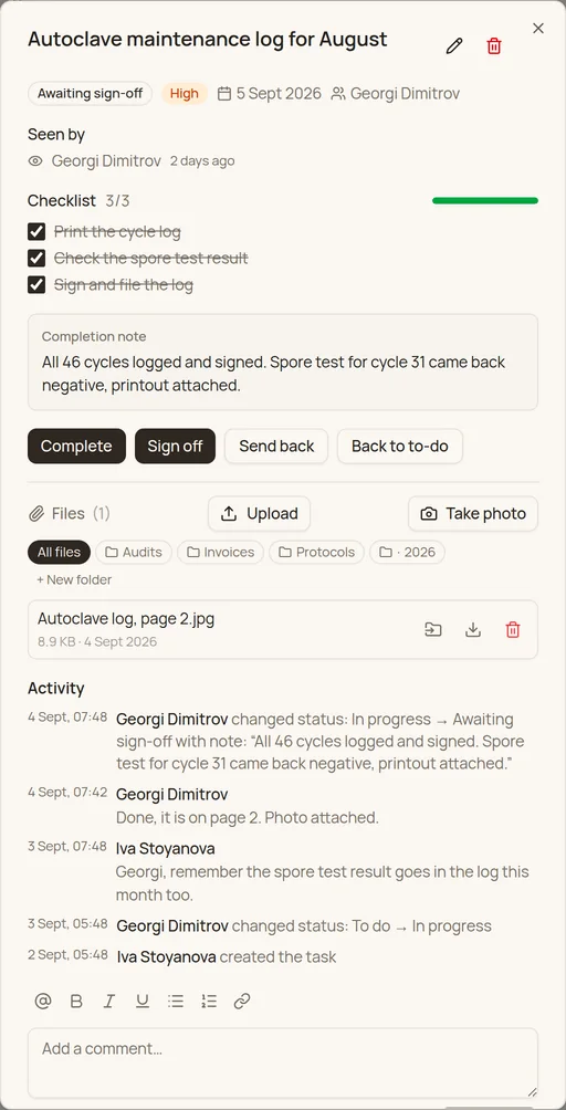 A task awaiting sign-off: checklist complete, the completion note, and the Sign off and Send back buttons